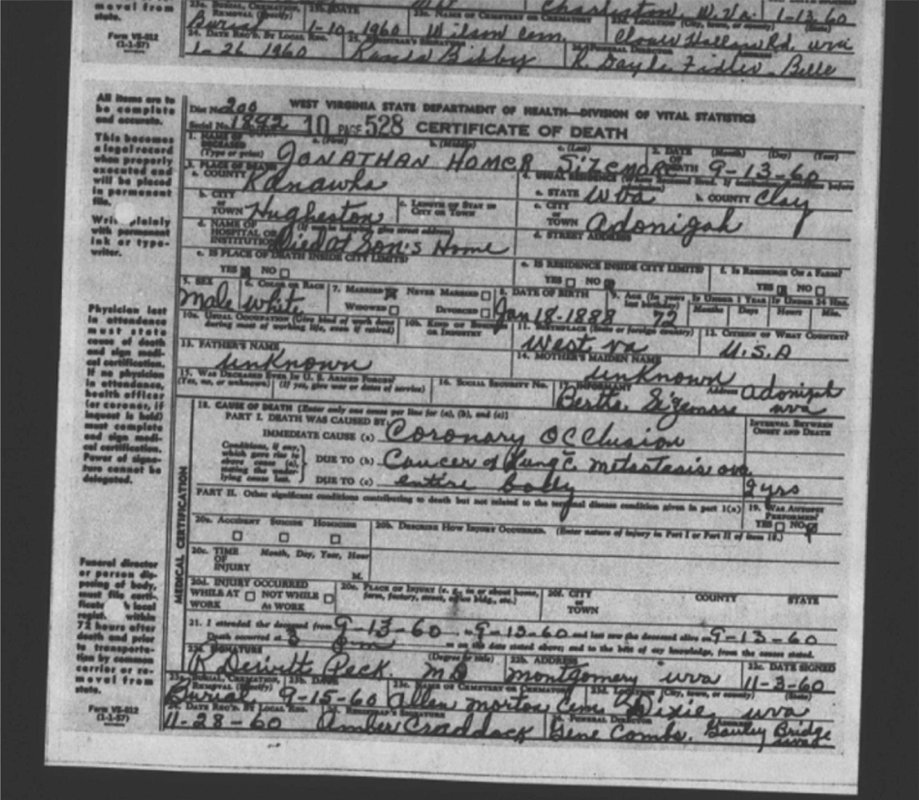Homer Sizemore death certificate