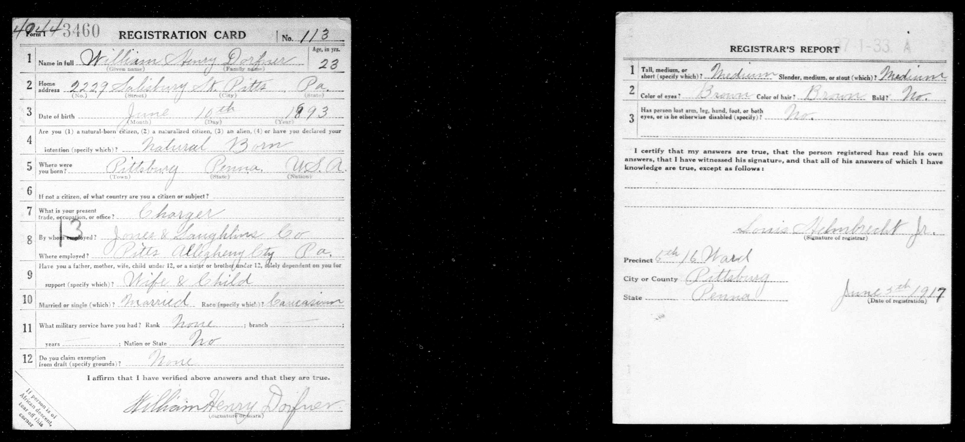William Dorfner WW I registration military
